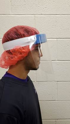 Faceshield Full Length Visor No Fog 1.5' foam 9' length elastic strap to 0.12 PET made in USA Fog-Free (1/EA 50/CS) by Thermoforming  ID KK-FS NR-9W